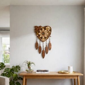 6-layer 3D wooden heart dreamcatcher with mandala center and five hanging feathers, laser-cut from premium plywood and hand-assembled in Marathon, Ontario.