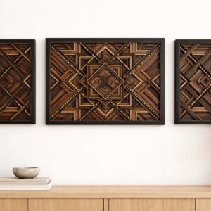 Square image of geometric mandala wall art made from layered wood panels with symmetrical design and rich natural tones