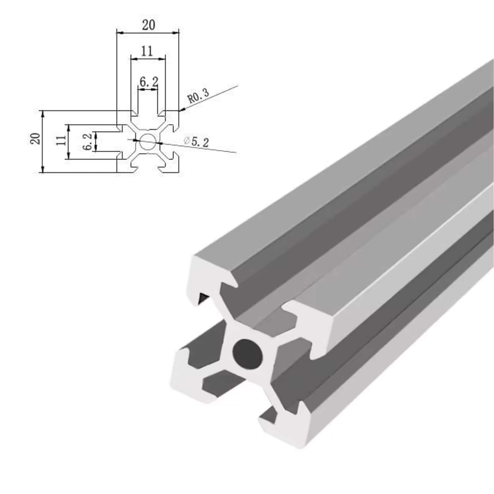 2020 V-slot extrusion with beveled edges for linear motion wheels and precision 3D printer frames. Natural Aluminum