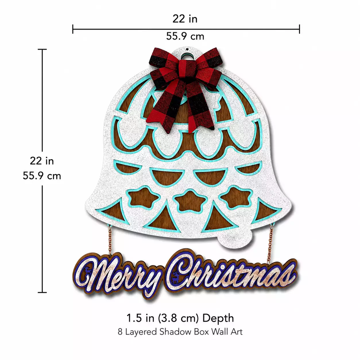 3-layer Christmas bell wall art made from painted birch plywood measuring 22 by 22 inches