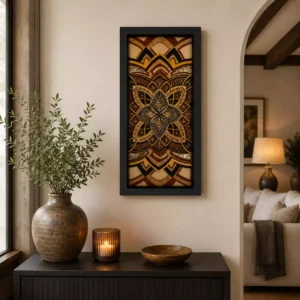 6-layer mandala shadow box wall art in a black frame measuring 11.5 by 24 inches