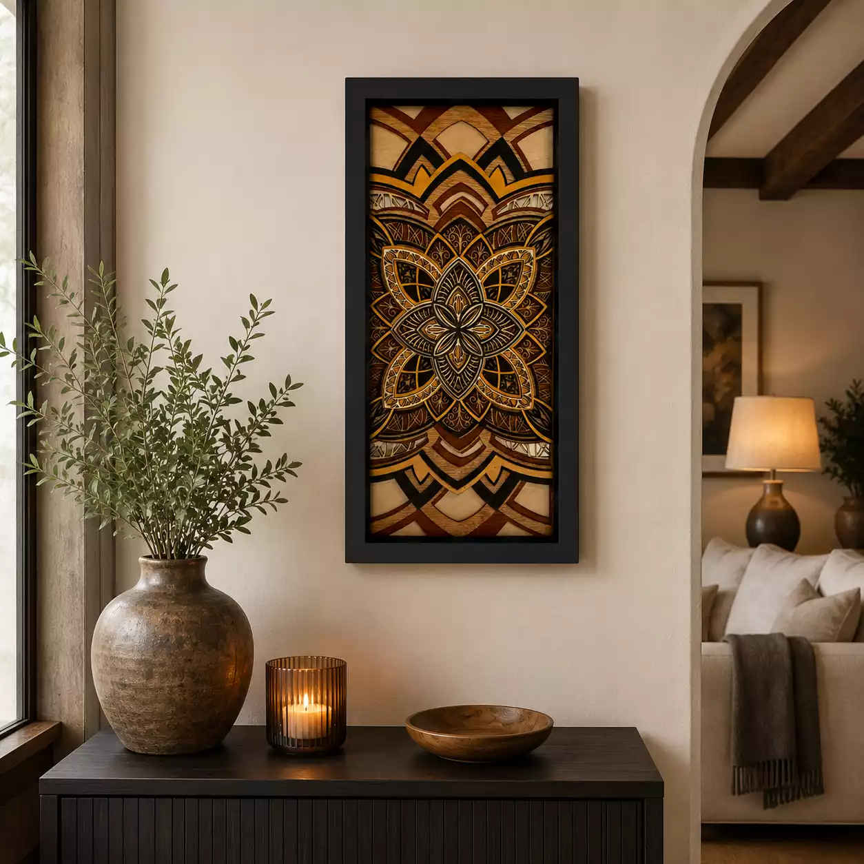 6-layer mandala shadow box wall art in a black frame measuring 11.5 by 24 inches