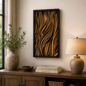 7-layer abstract wave shadow box wall art in a black frame measuring 16 by 24 inches