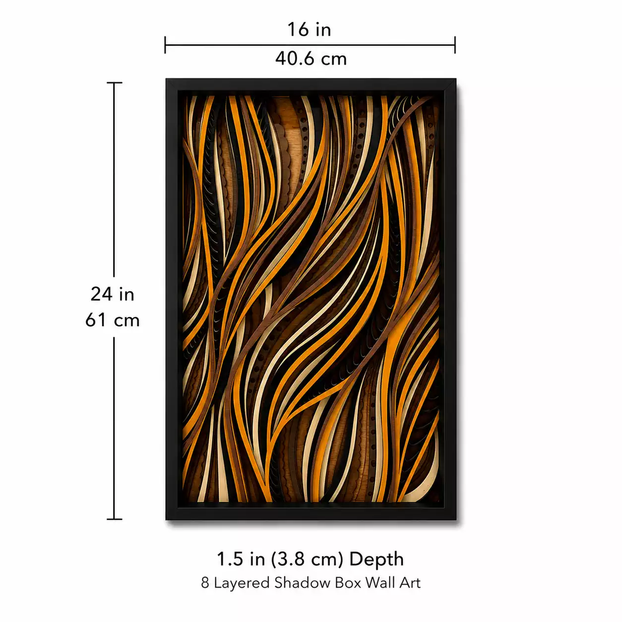 7-layer abstract wave shadow box wall art in a black frame measuring 16 by 24 inches