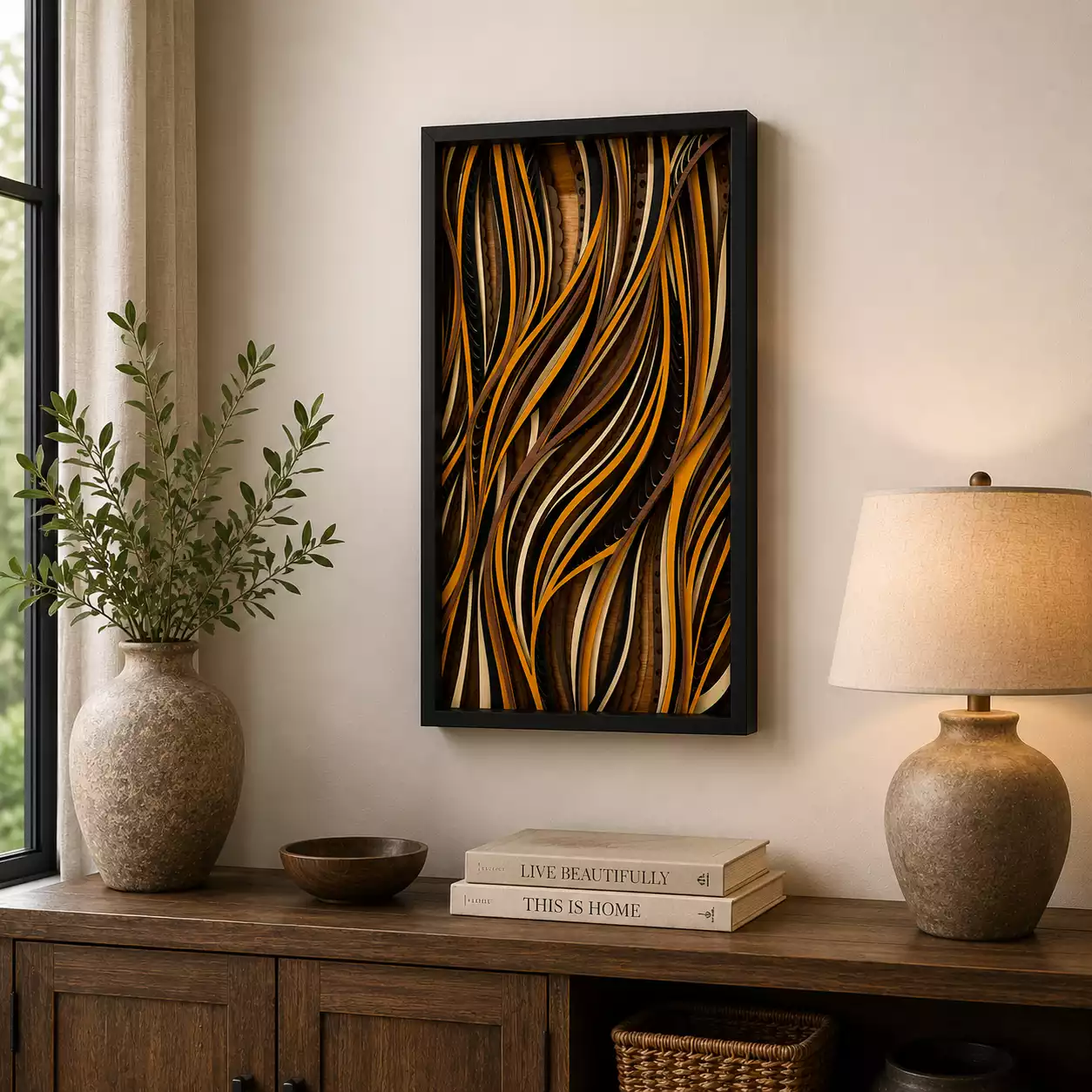 7-layer abstract wave shadow box wall art in a black frame measuring 16 by 24 inches