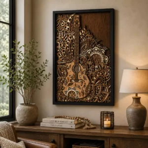 8-layer acoustic guitar shadow box wall art in a black frame measuring 24 by 36 inches