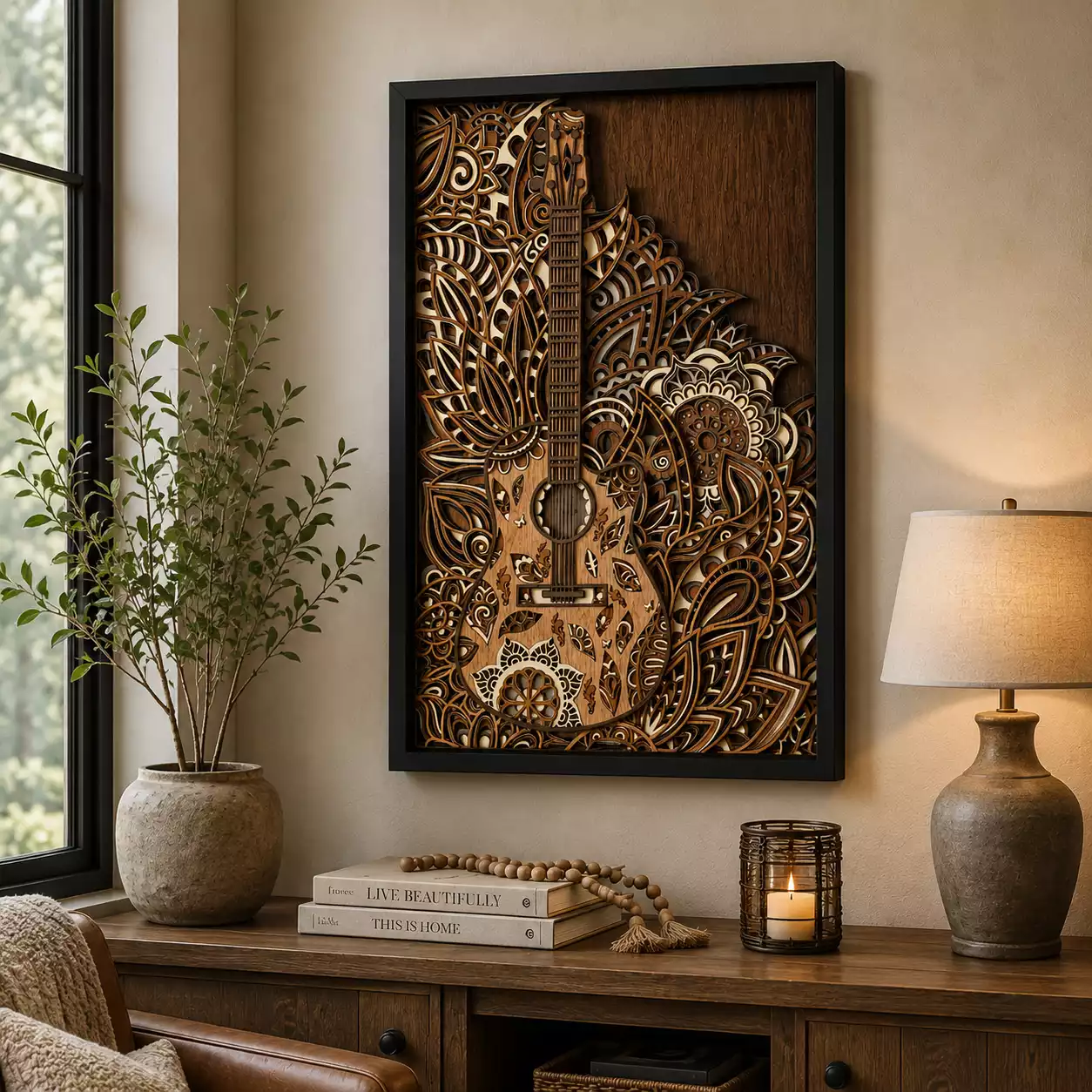 8-layer acoustic guitar shadow box wall art in a black frame measuring 24 by 36 inches
