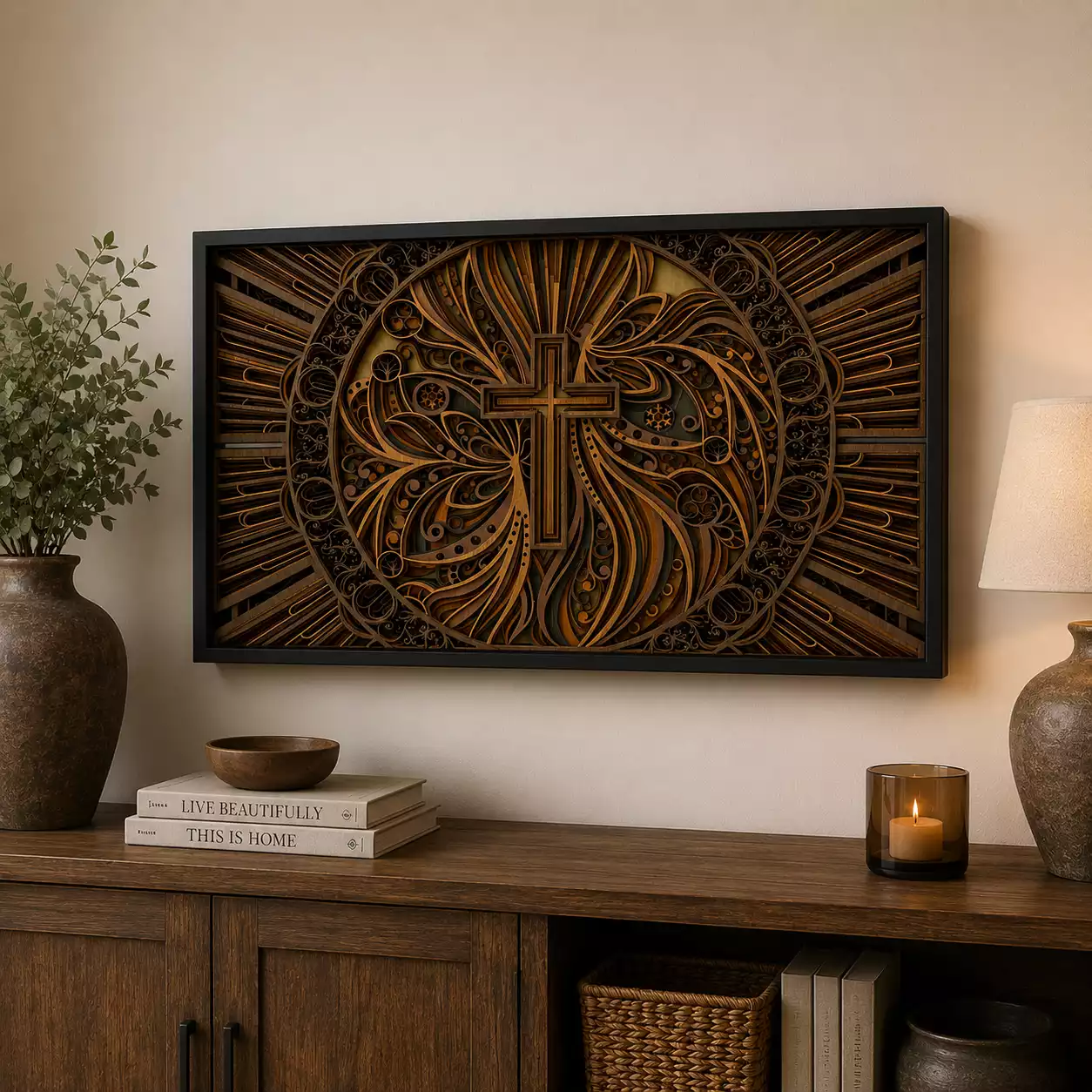 9-layer center cross shadow box wall art in a black frame measuring 24 by 15 inches