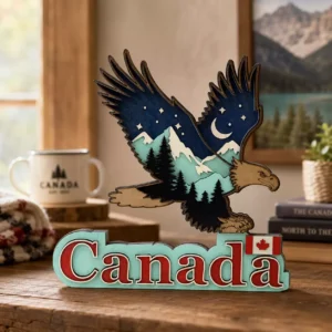 Self-standing Canada Eagle Shelf Decor with painted eagle design and Canada lettering