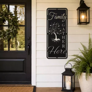 Family Gather Here metal wall art tree of life Matte Black measuring 11.5 by 27.5 inches