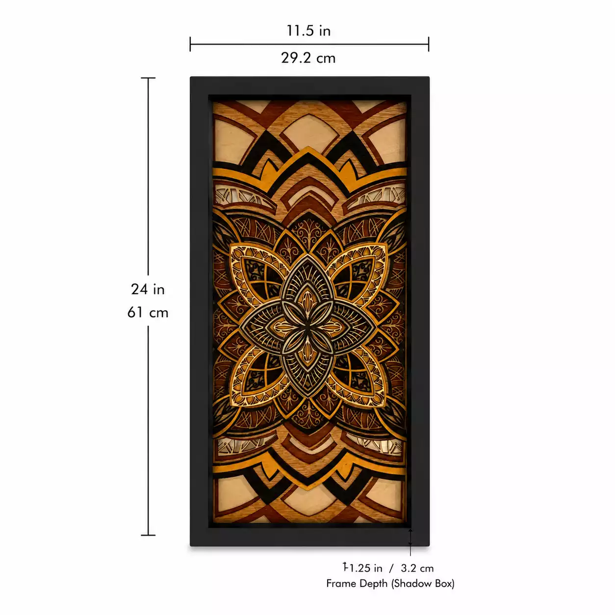 6-layer mandala shadow box wall art in a black frame measuring 11.5 by 24 inches