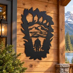 Bigfoot Footprint Forest Metal Wall Art installed in a realistic outdoor setting; Black Bigfoot footprint metal silhouette on rustic mountain cabin wall.