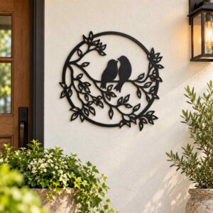 Birds on Branches Round Metal Wall Art installed in a realistic outdoor setting; Two-bird circular metal wall art displayed beside an exterior entry door.