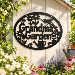 Grandma’s Garden Floral Metal Wall Sign installed in a realistic outdoor setting; Grandmas Garden metal sign on light exterior siding surrounded by flowers.