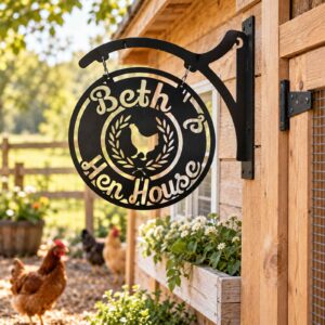 Hen House Hanging Metal Sign with Bracket installed in a realistic outdoor setting; Hanging hen house sign and bracket installed beside rustic chicken coop.