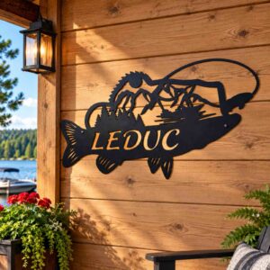 Personalized Bass Fishing Metal Wall Sign installed in a realistic outdoor setting; Example LEDUC fish sign displayed on a lakeside cabin wood wall.