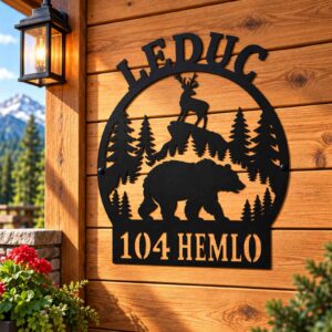 Personalized Bear and Deer Forest Address Sign installed in a realistic outdoor setting; Bear and deer forest address sign with sample LEDUC and 104 HEMLO mounted on cabin wall.