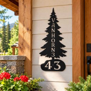 Personalized Evergreen House Number Metal Sign installed in a realistic outdoor setting; Evergreen-shaped metal address sign displayed beside cabin entrance with sample number 43.