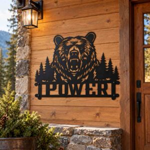 Roaring Bear Forest Metal Wall Sign installed in a realistic outdoor setting; Black metal grizzly bear design showing example POWER lettering on cabin wall.